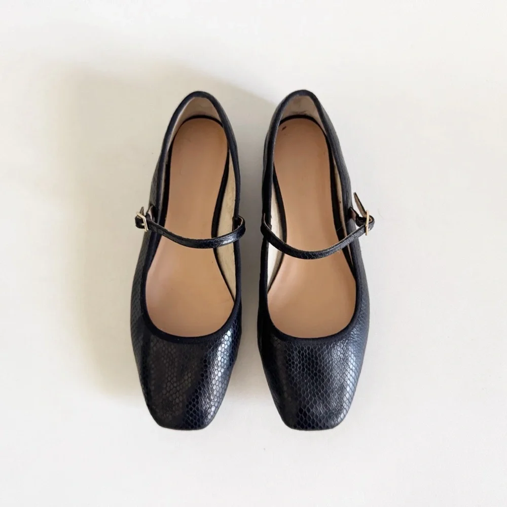 J. Crew Quinn Square Toe Mary Jane Flat Shoe 10 Black Snake Embossed Classic - Picture 3 of 10